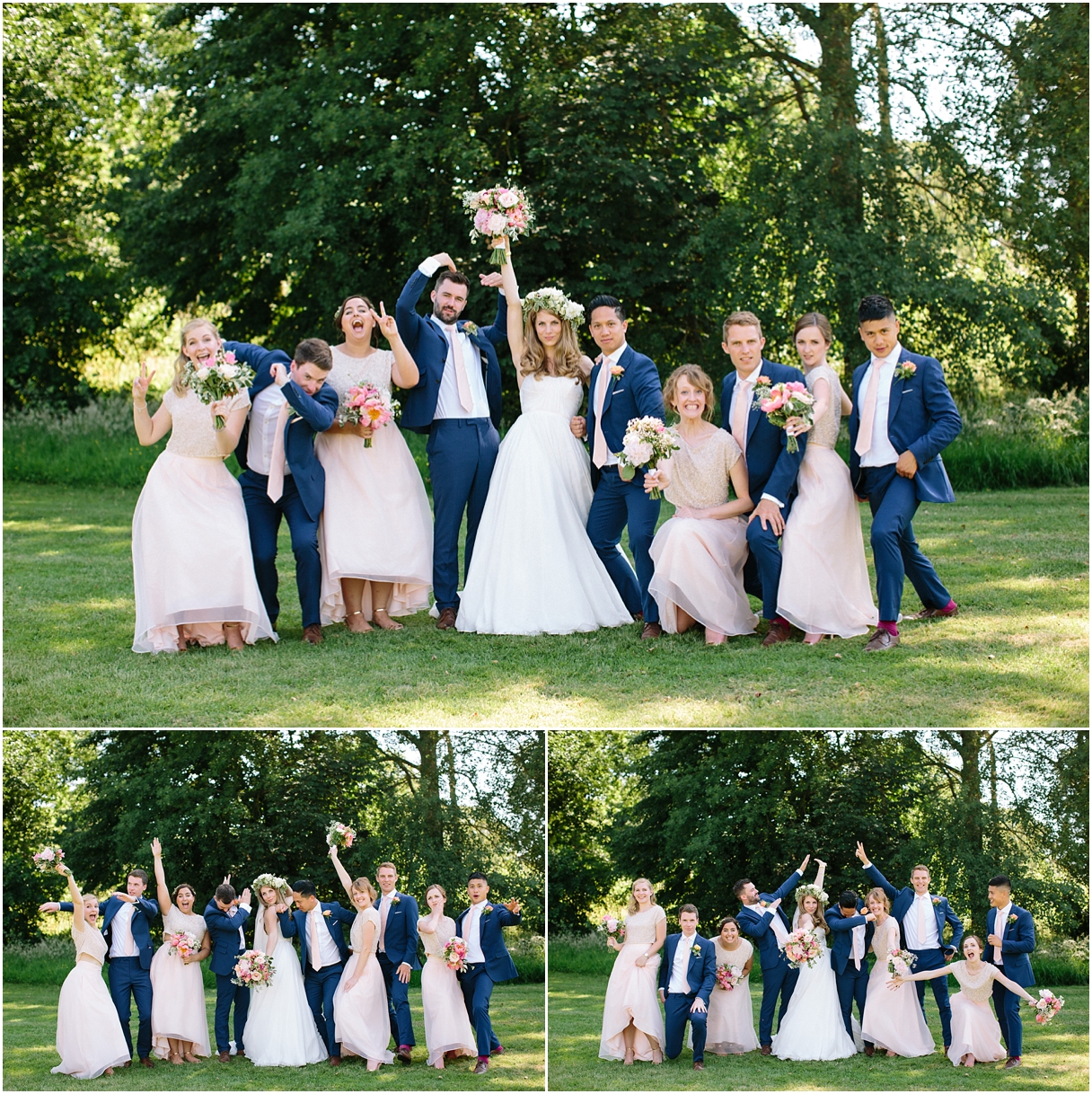 Bridesmaids in peach and gold with bride in flower crown