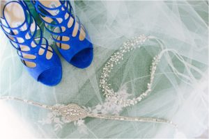blue wedding shoes and bridal belt