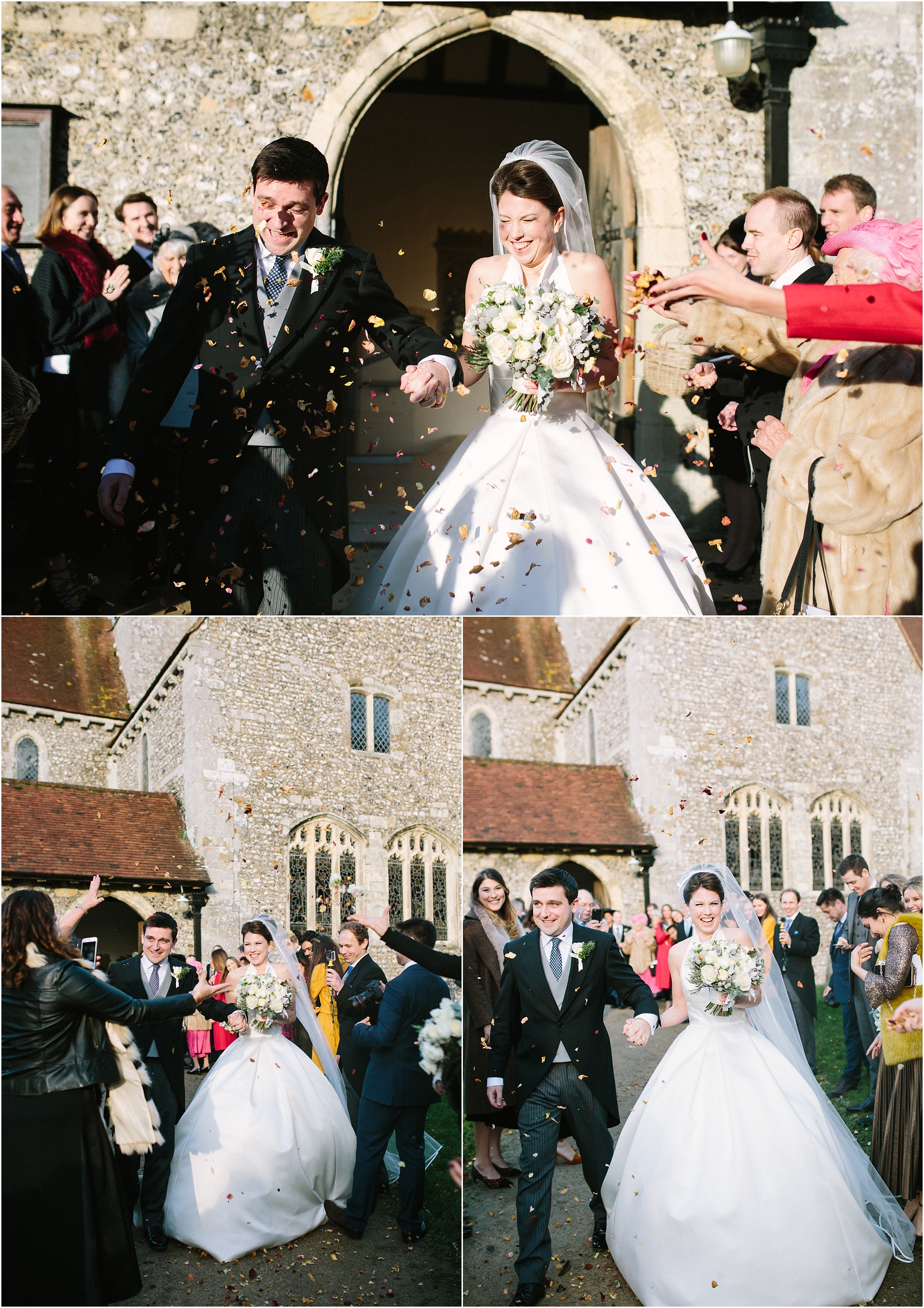Bride and groom walking through confetti