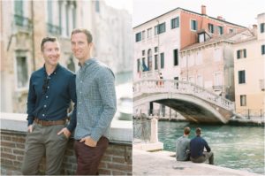 Gay couple sitting next to bridge in Venice
