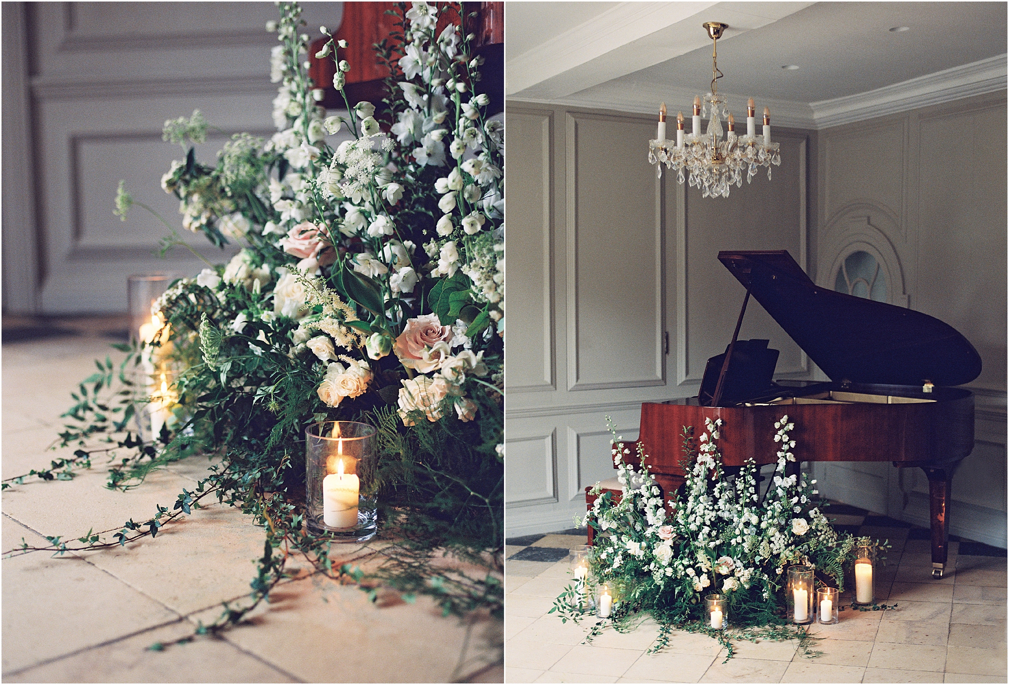 Grand piano at Thorpe Manor decorated with white, blush and green natural flowers