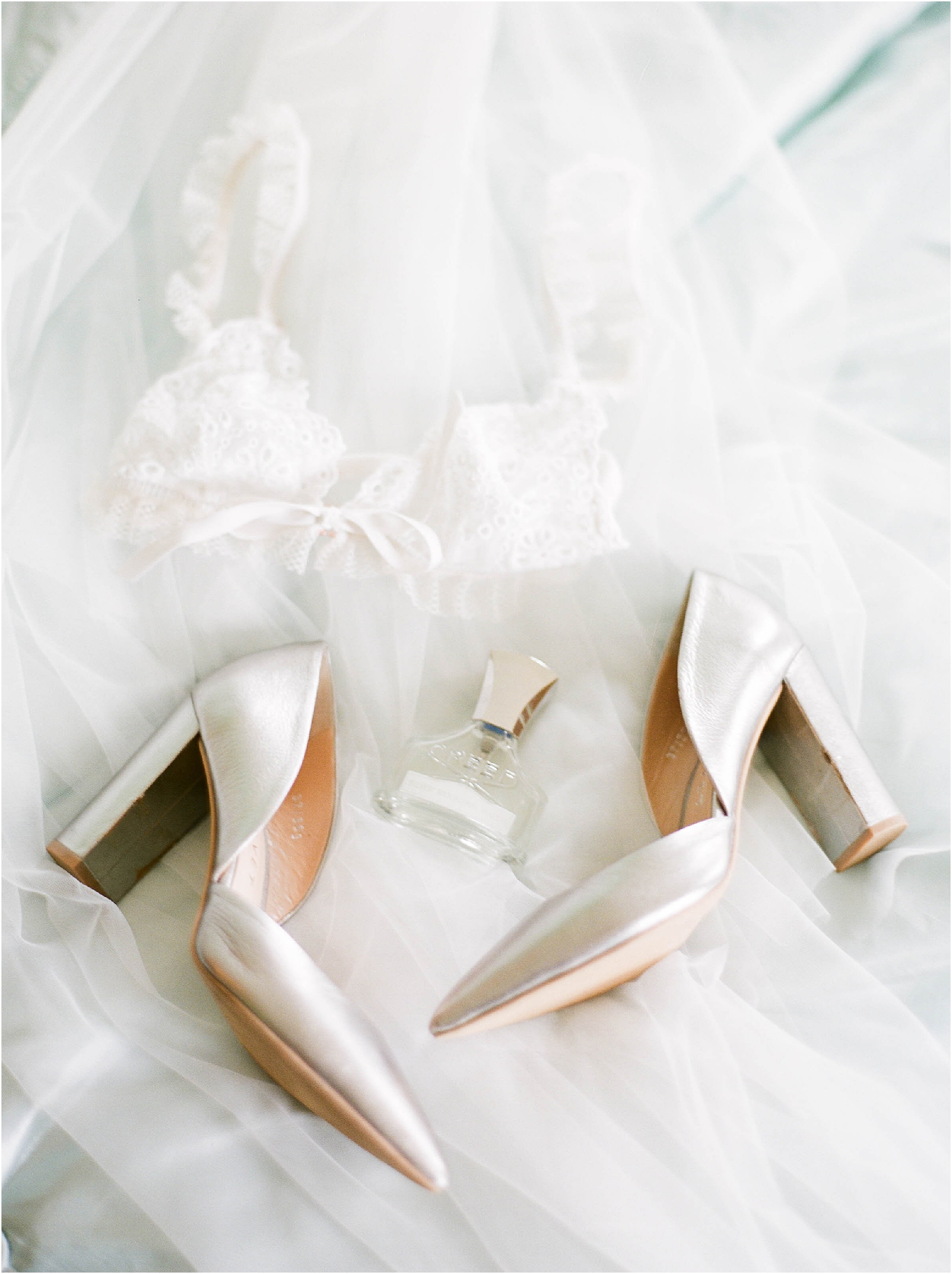 Silver shoes with bridal underwear and perfume