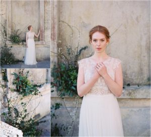 Eleganr bridal portrait by bench