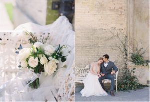 bridal bouquet and romantic couple sitting on bench