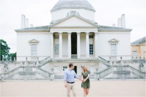 Couple walking outside Chiswick House London wedding venue