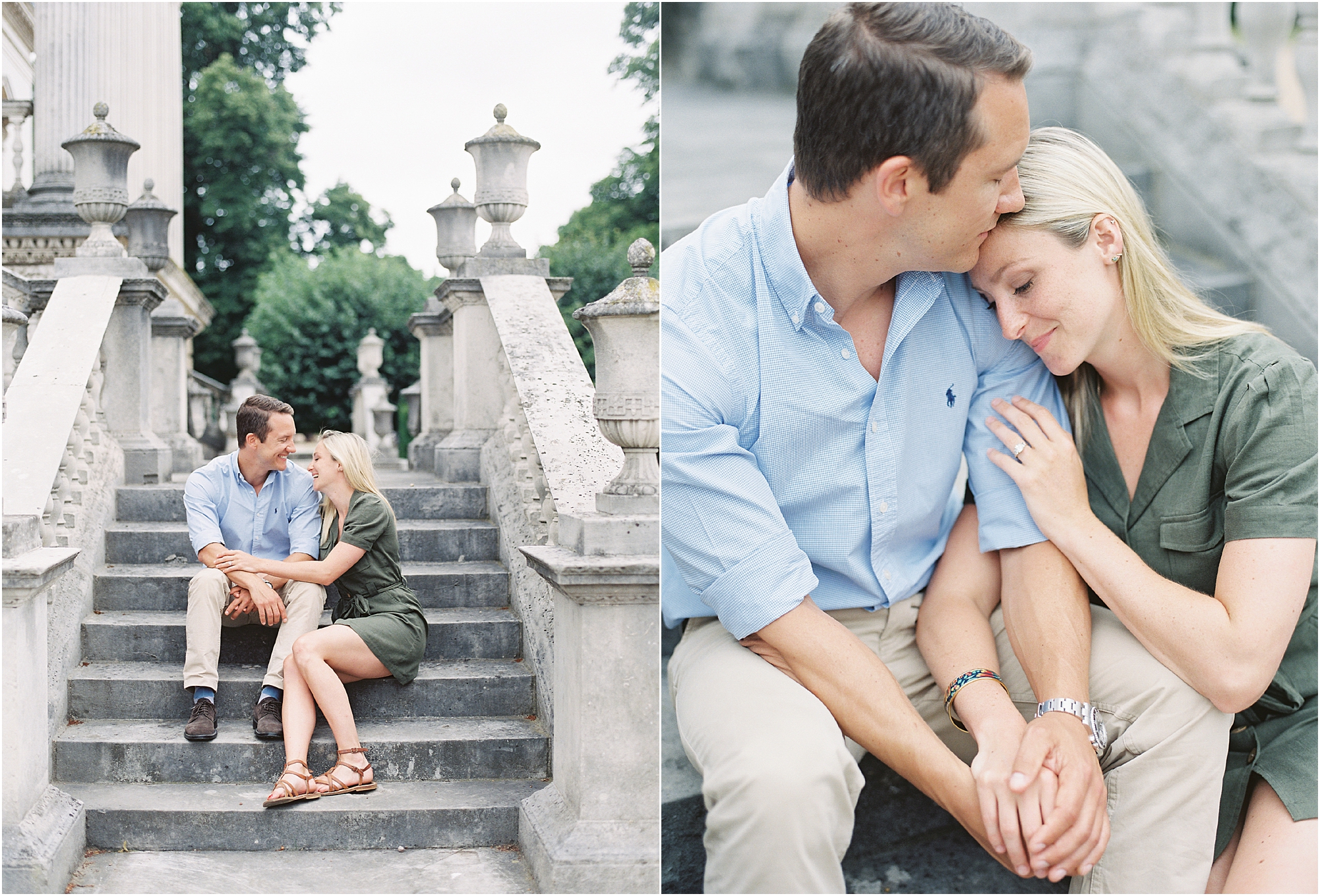 man and woman cuddling on stone steps