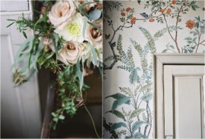 Wedding bouquet and wallpaper in the bridal suite at St Giles House
