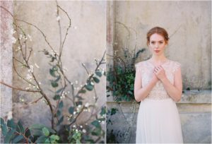 Bride standing outside Somerley House with a cherry blossom installation