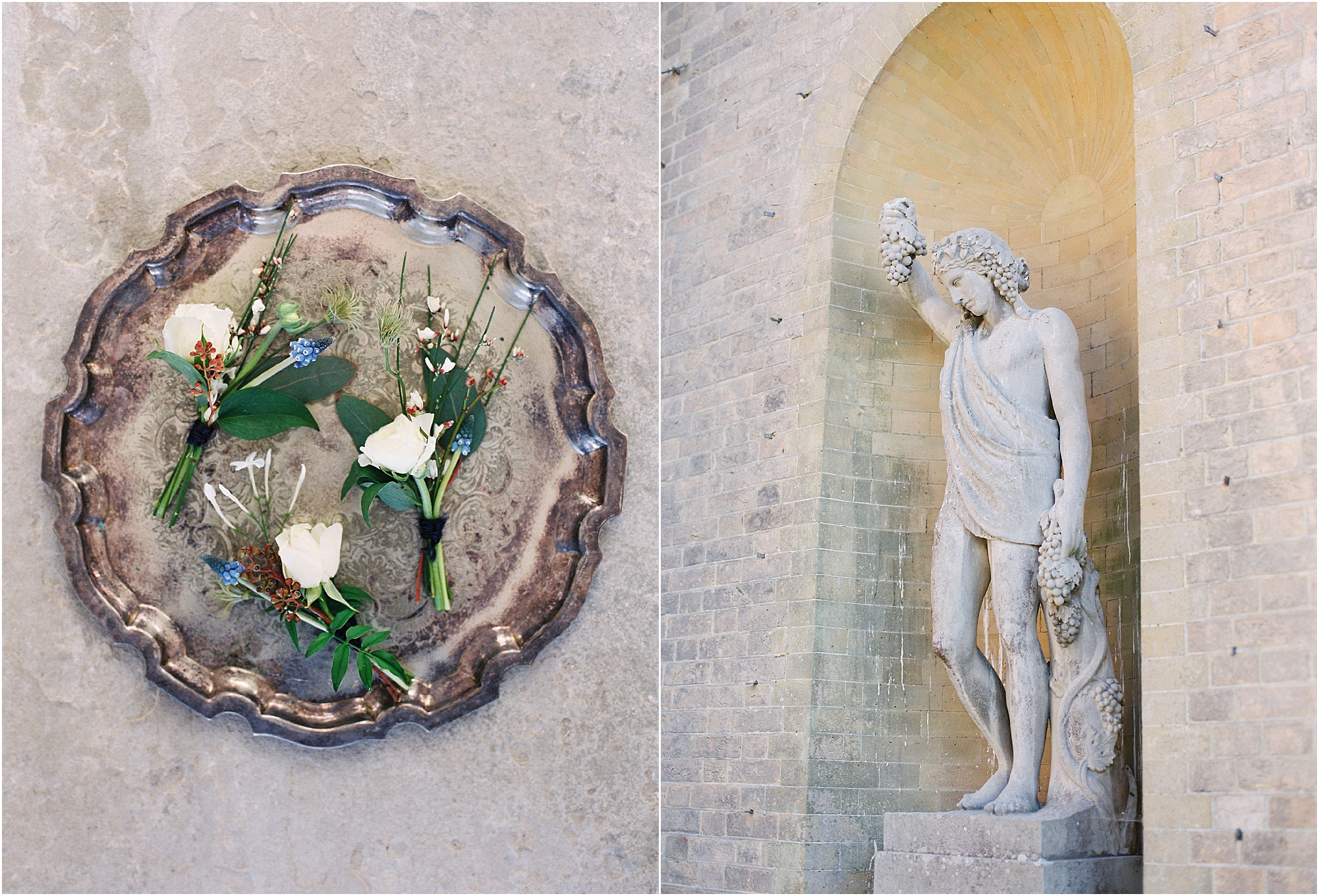 The statues in the grounds of Somerley house and some wedding flower buttonholes