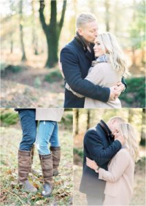 Elegant couple cuddling in the autumn leaves in the New Forest