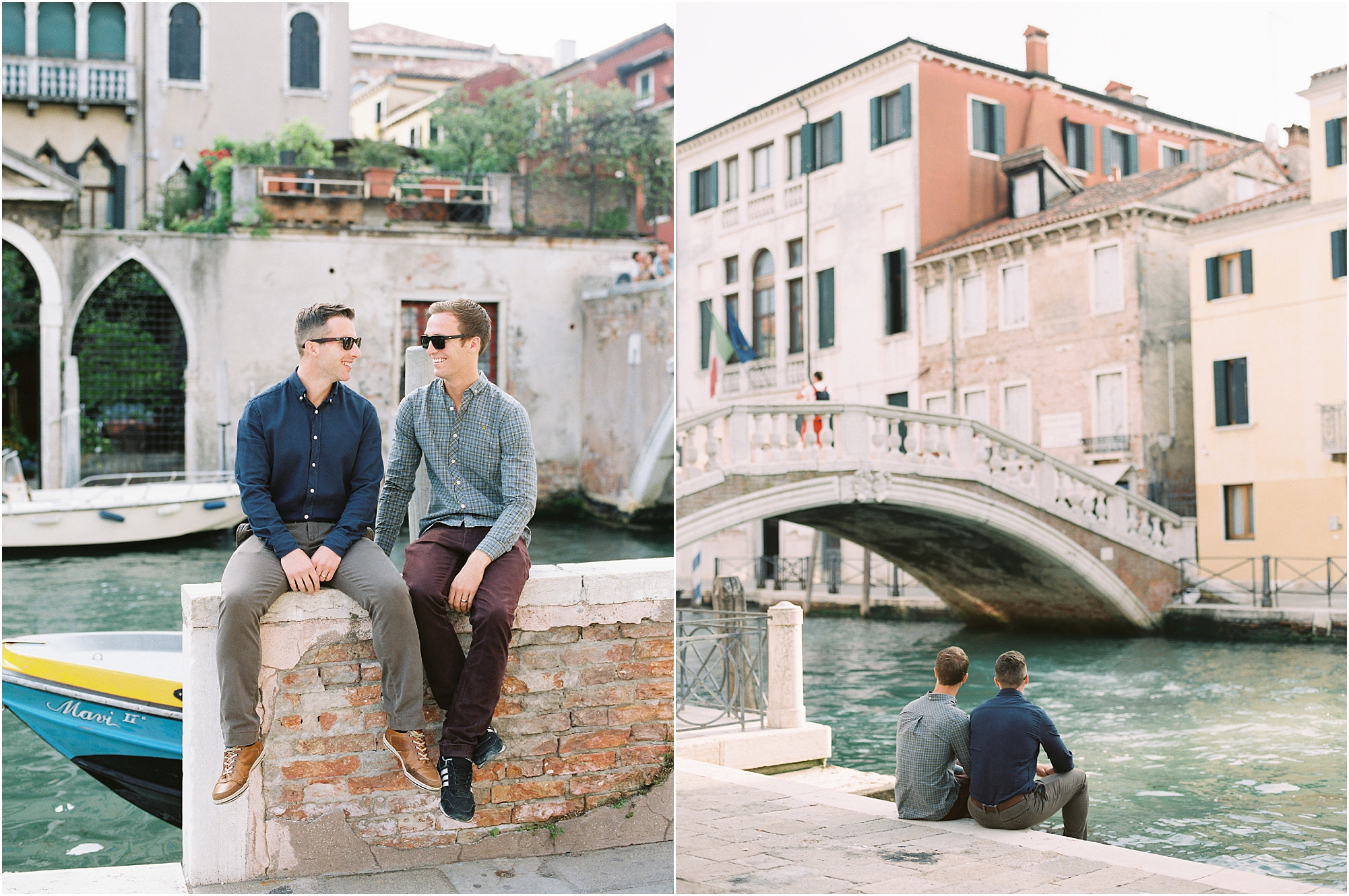 Venice engagement shoot. Gay couple sitting on bridge overlooking canal in Venice