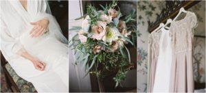 Wedding morning details at St Giles House, bouquet and dresses hanging up