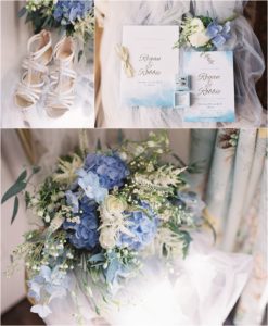 blue and white wedding details, brides bouquet and silver strap Jimmy Choo shoes