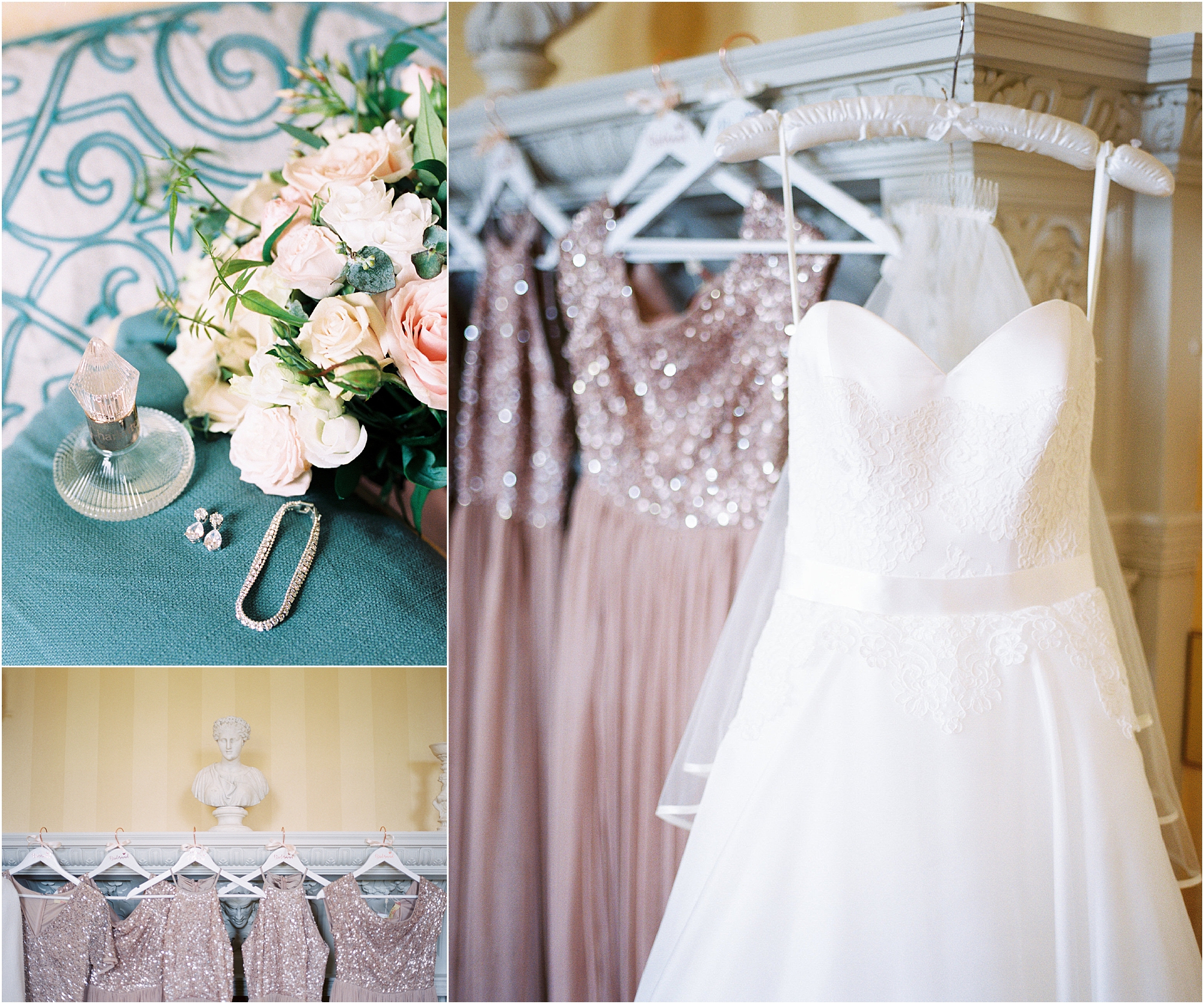 wedding dress and blush sequin bridesmaid's dresses hanging up at Stansted House