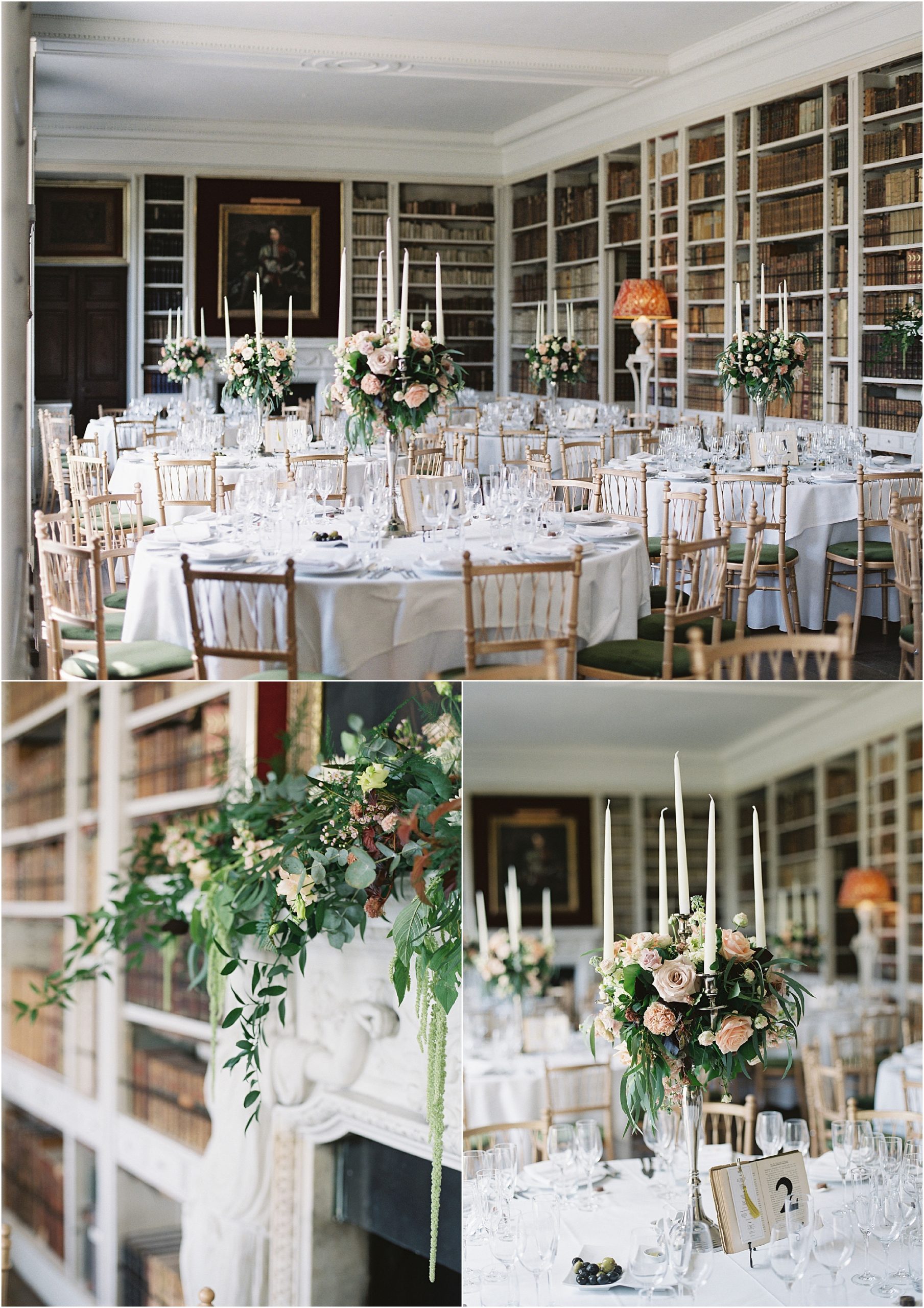 Wedding breakfast set up in the library at St Giles House Dorset