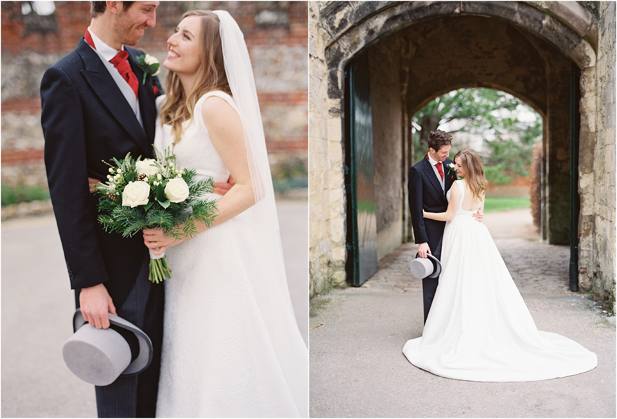 Bride and groom sharing a first look before wedding ceremony in Chichester Cathedral