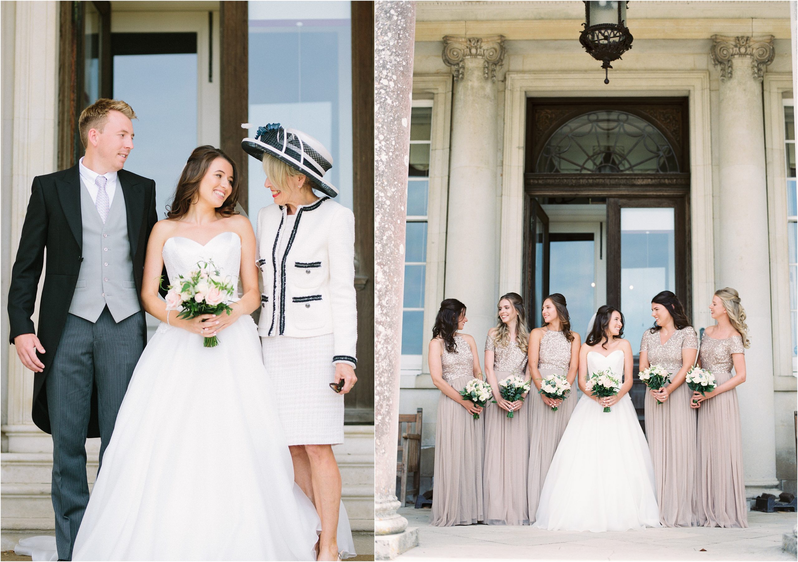 bride with bridesmaids on the steps of Stansted House