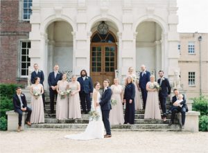 bridal party wedding group photos on the steps of St Giles House