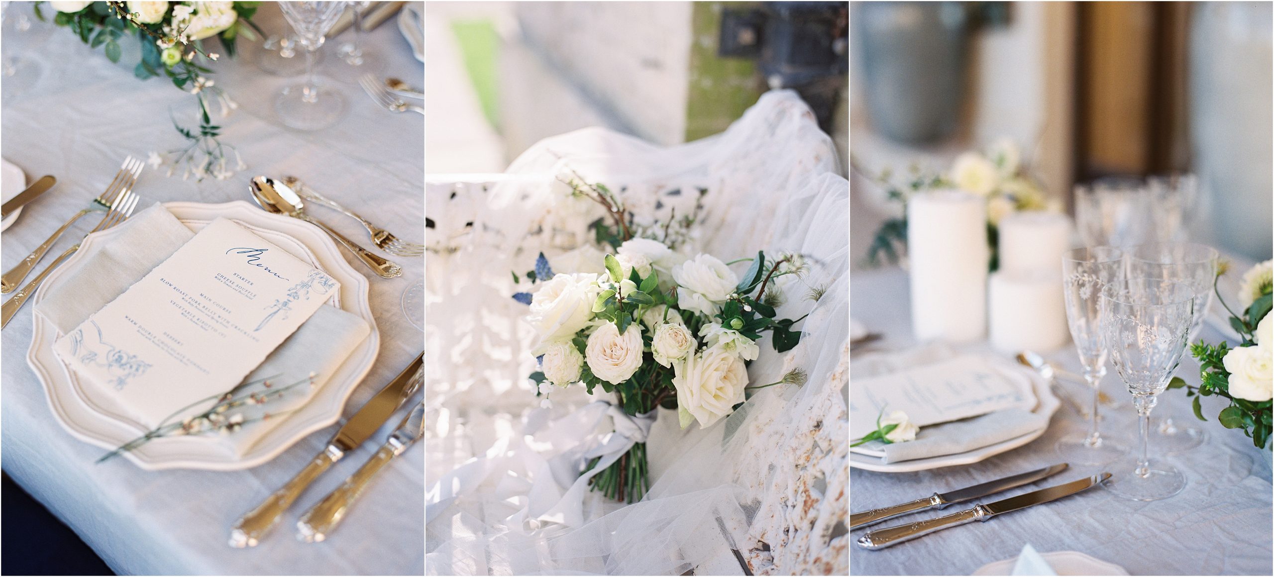 Wedding details in blue and white captured on film