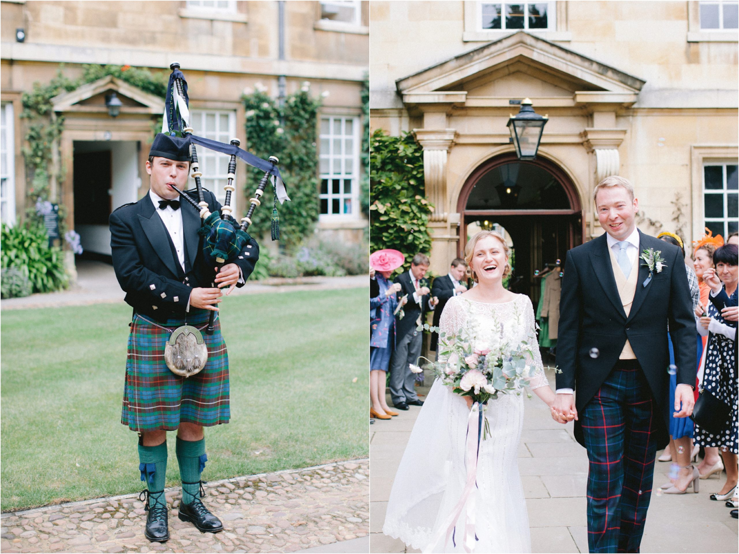 bride and groom with bagpipe player at elegant English wedding