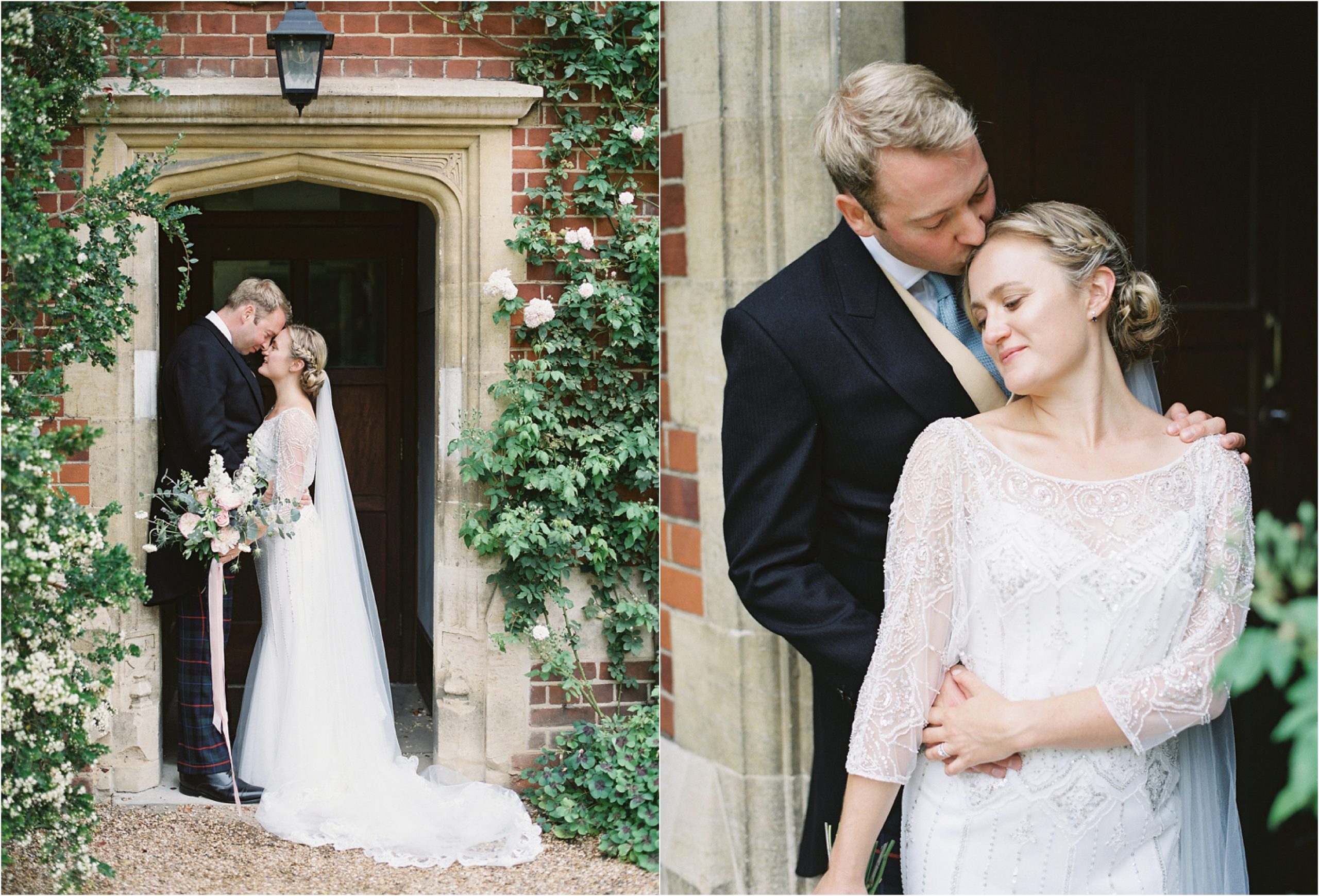 bride and groom sharing a tender moment during wedding at Trinity hall