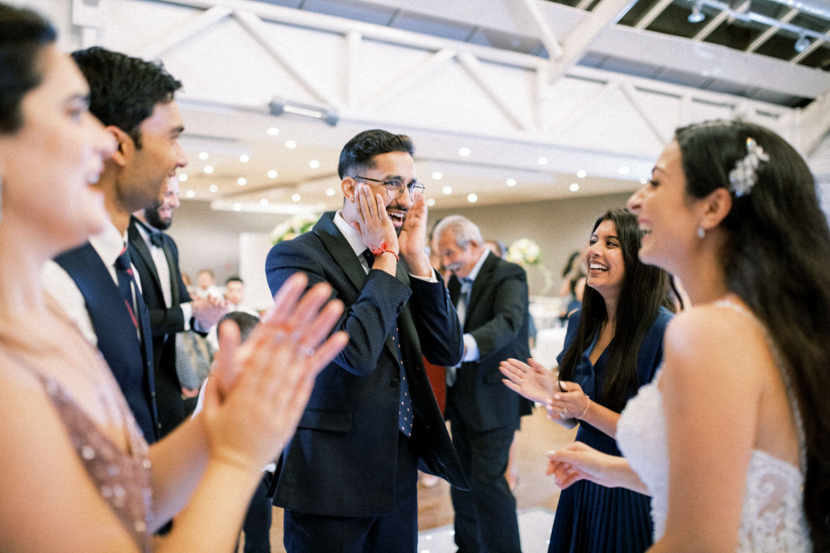guests laughing at wedding