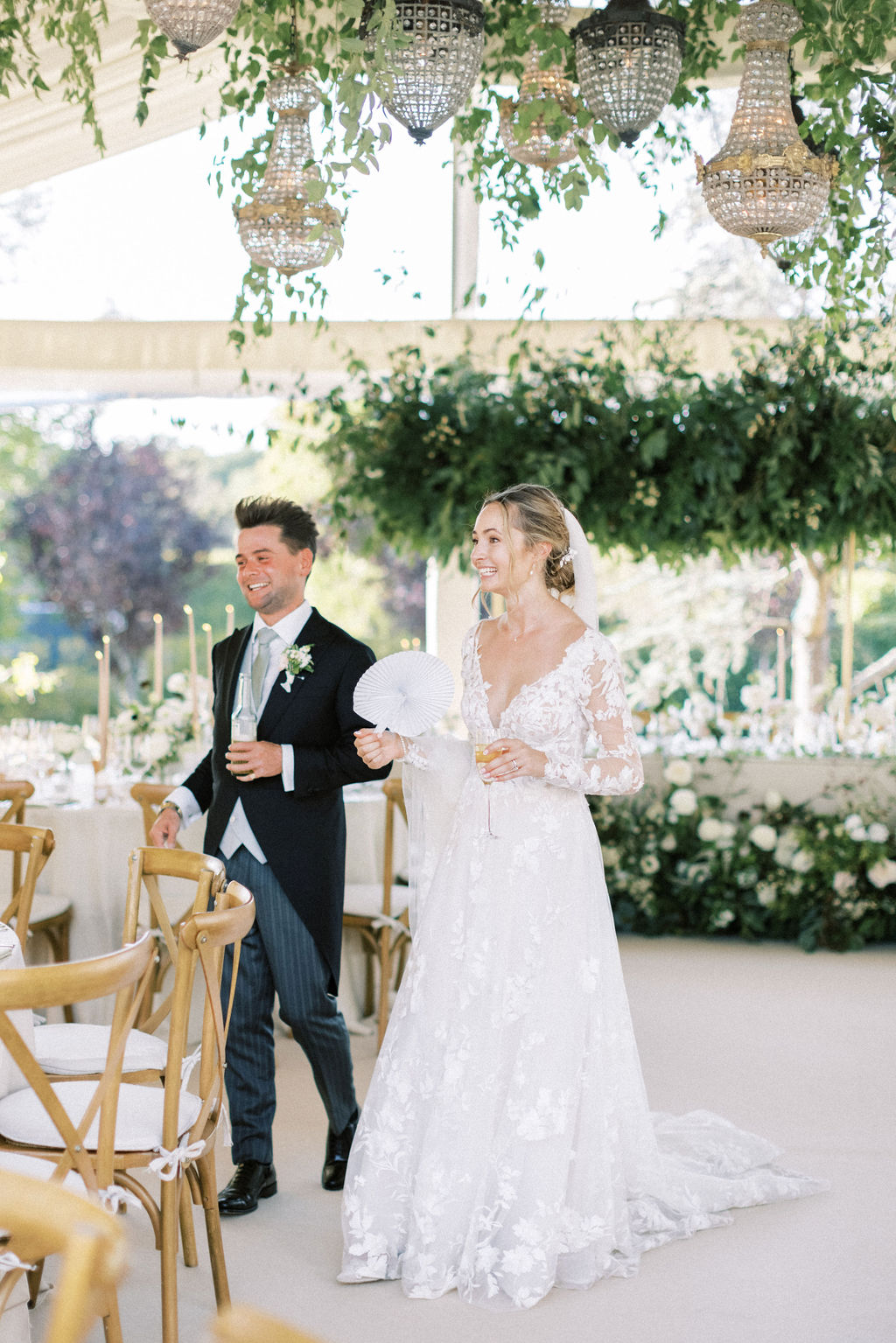 Bride and groom inside marquee at garden marquee wedding