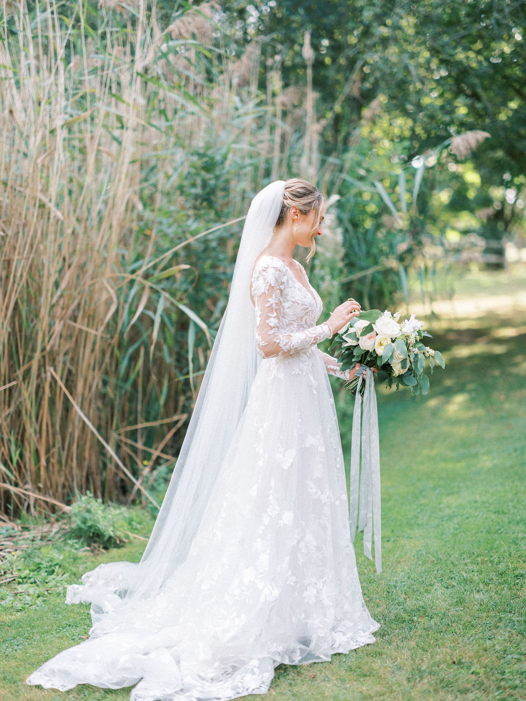 Bride and groom at garden marquee wedding