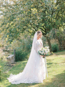 Bride and groom at garden marquee wedding