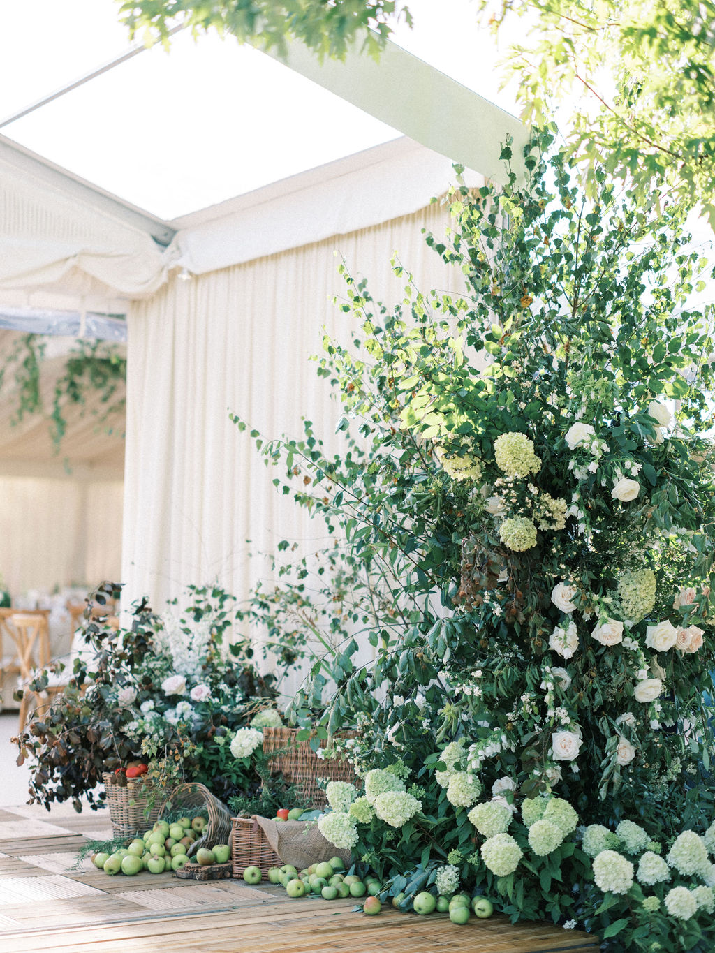 Garden marquee wedding green white and blush. Apples, Ferns, olive branches and terracotta 