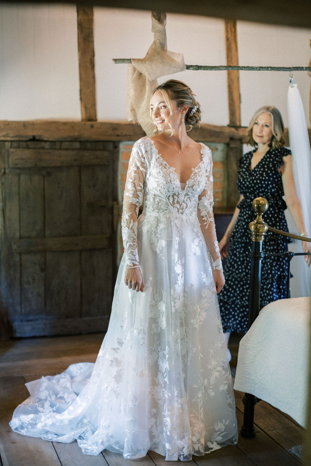 mother of the bride on wedding morning of garden marquee wedding