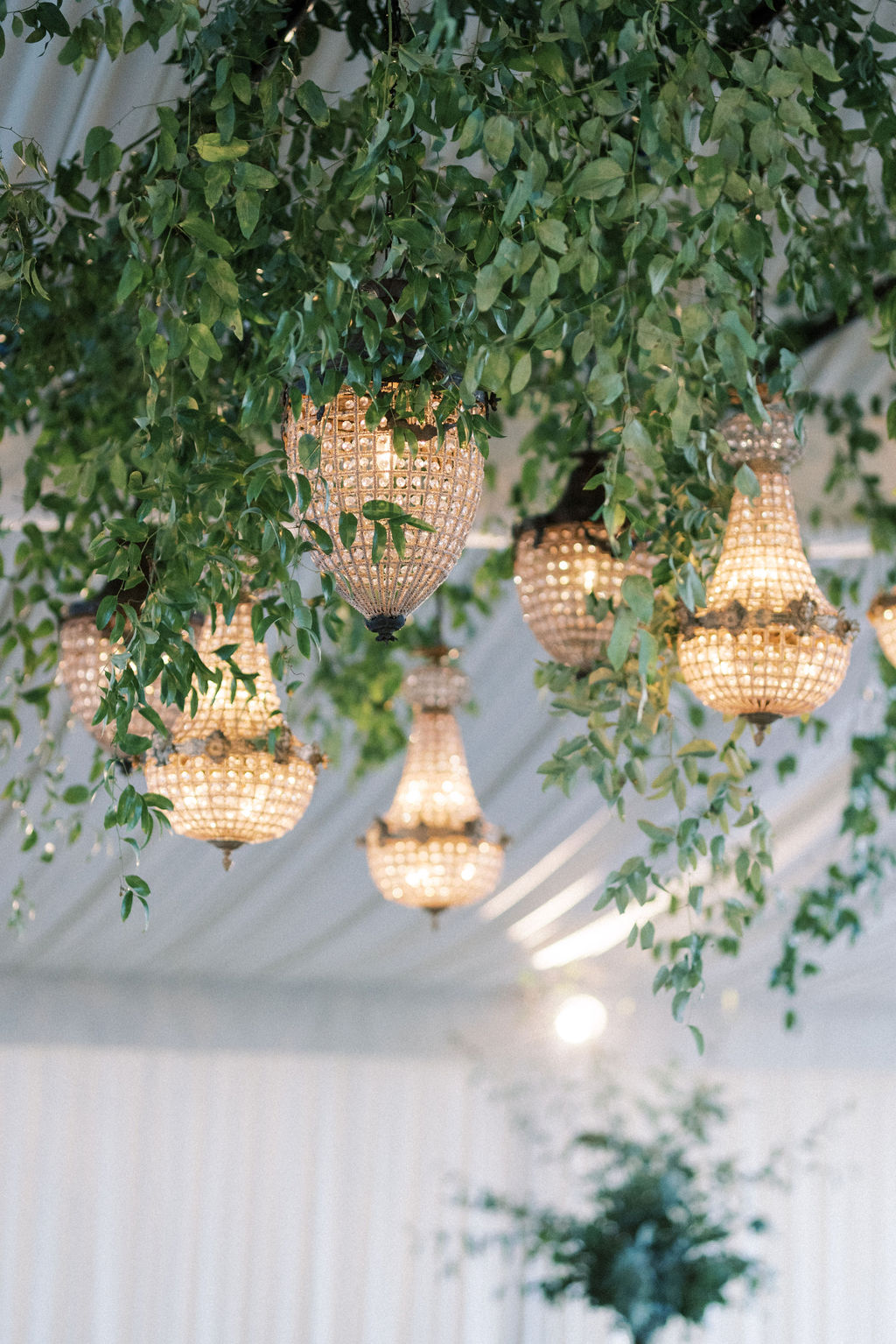 chandelier at garden marquee wedding