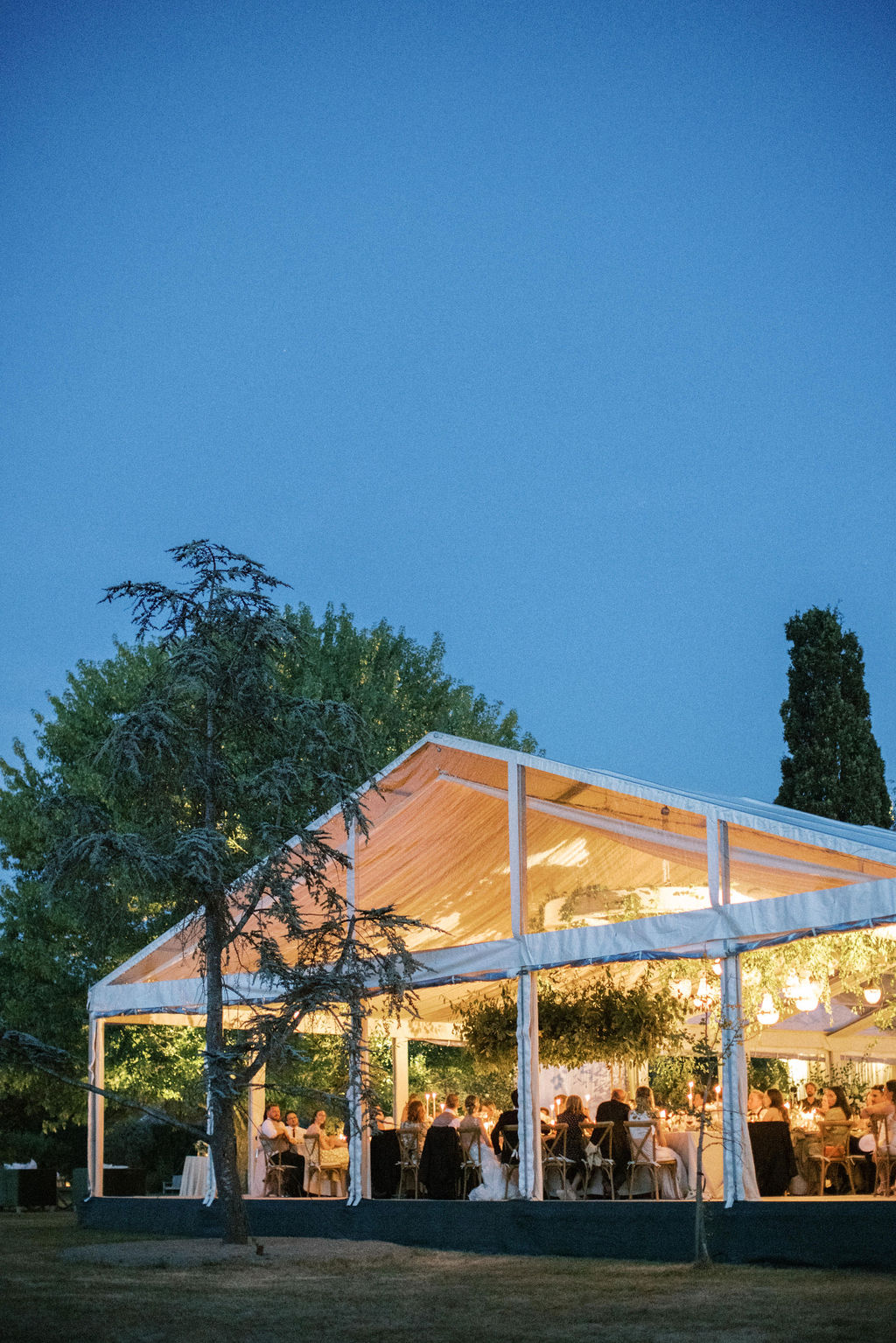 garden marquee wedding at dusk