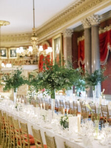 wedding breakfast banqueting tables set up at Goodwood House Summer Wedding
